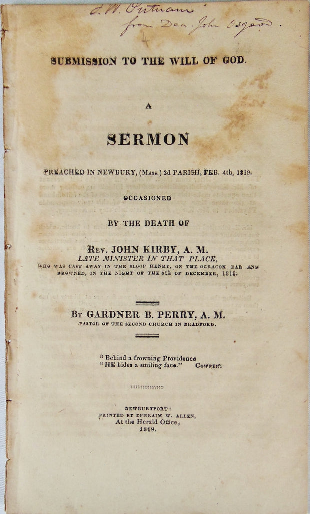 Submission to the Will of God: 1819 Presbyterian Minister Drowns at Sea