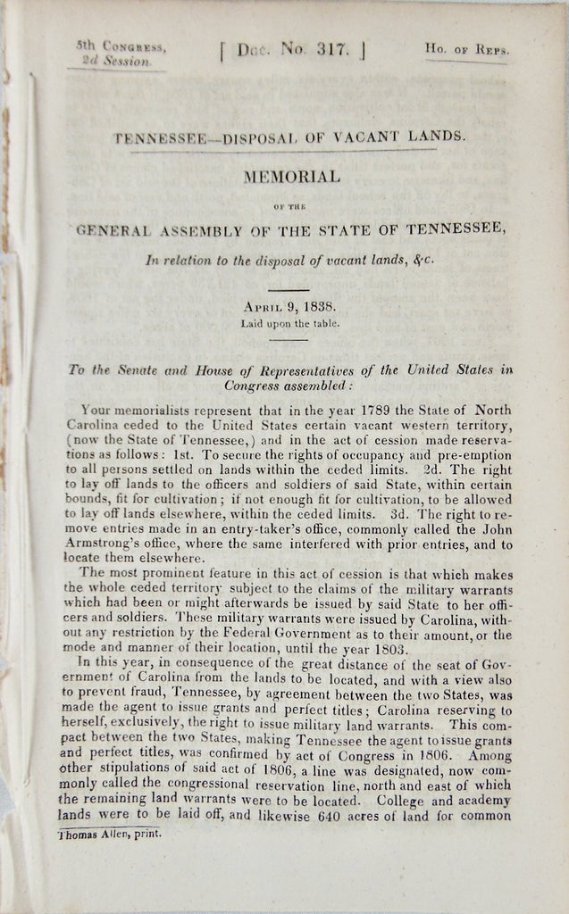 1838 Tennessee Demands the Federal Government return Land to the State