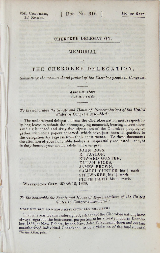 1838 Cherokees Protest to Congress To Stop Removal, Request Rejected