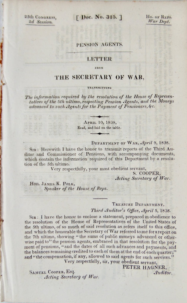 1838 US Pension Agents, Military Pensions Paid