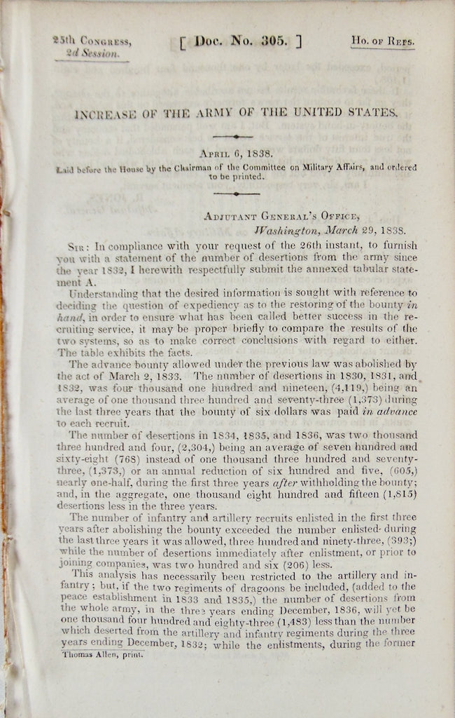1838 Reports on the US Army, Desertions, Organization, Killed in Florida, &c