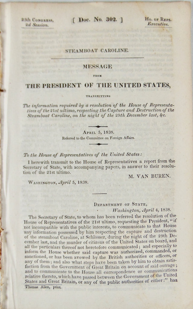 1838 Report, Destruction of the American Steamboat Caroline by Canadian Forces