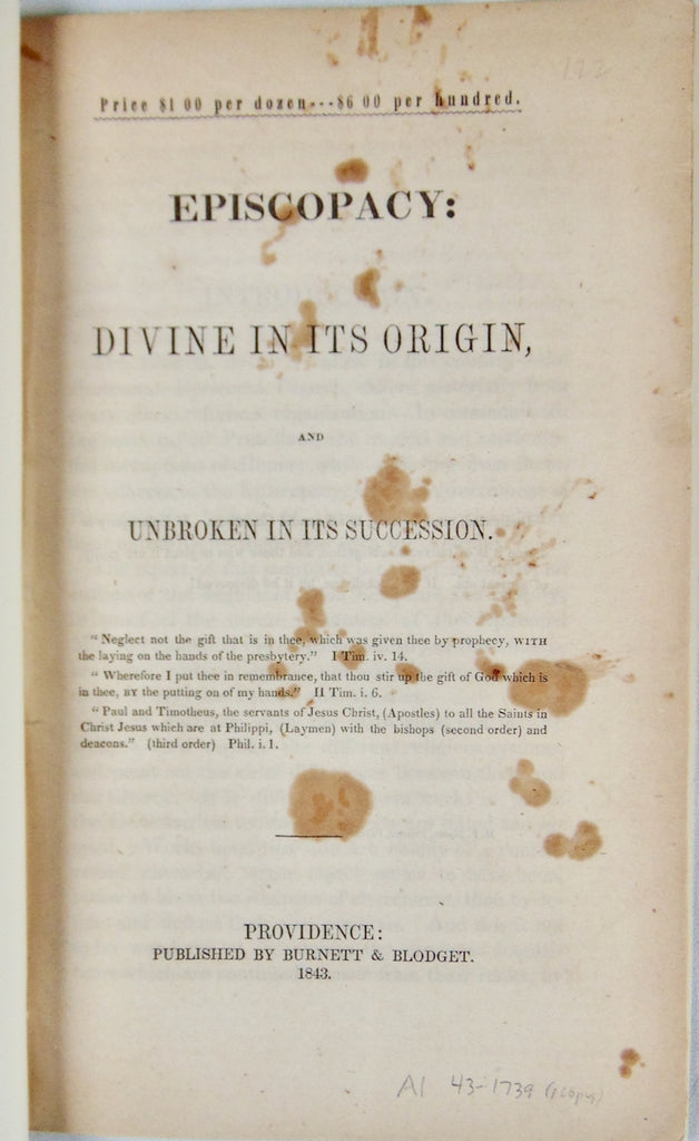 1843 Episcopacy: Divine in its Origin, and Unbroken in its Succession