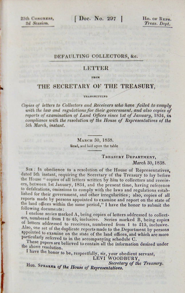 1838 Fraud Committed by US Collectors & Receivers, Land Offices