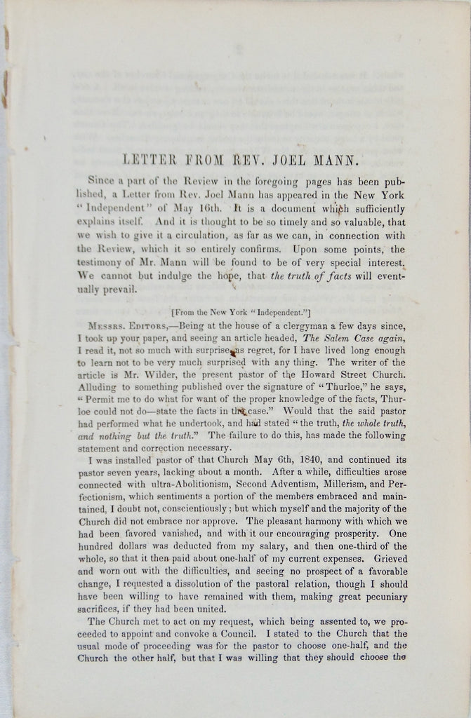 1850 Rev. Joel Mann Defends Himself, Says Did Not Break Up the Salem Church