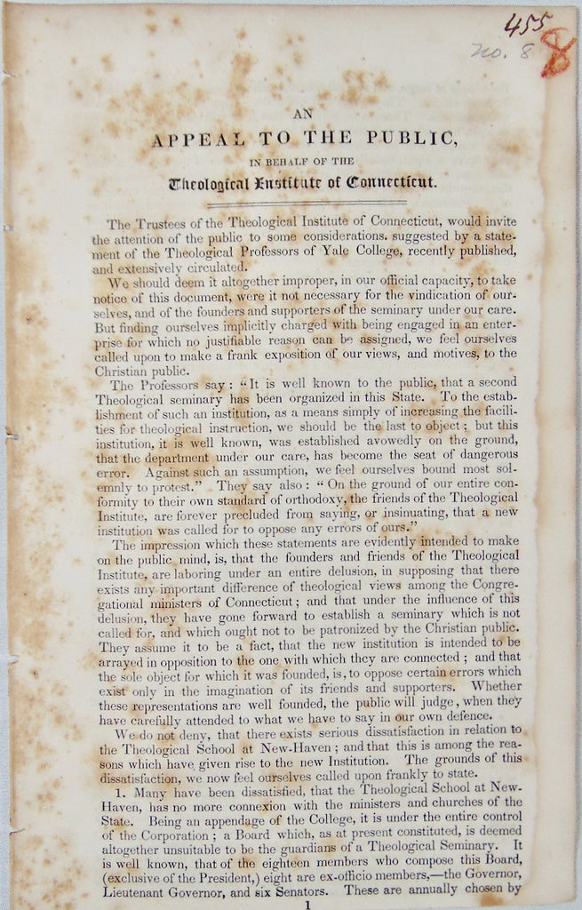 1834 Yale Seminary Subversive to Calvinism, Hartford Seminary Better