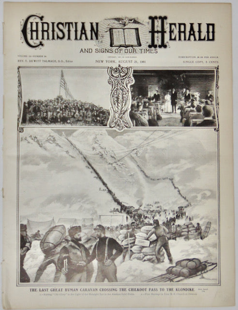 The Christian Herald, 1901. Cover illustration of Chilkoot Pass caravan, Klondike