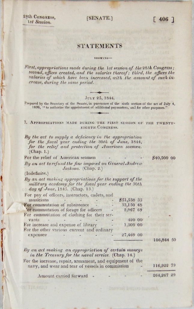 1845 Senate Report of Appropriations for Military and Indians