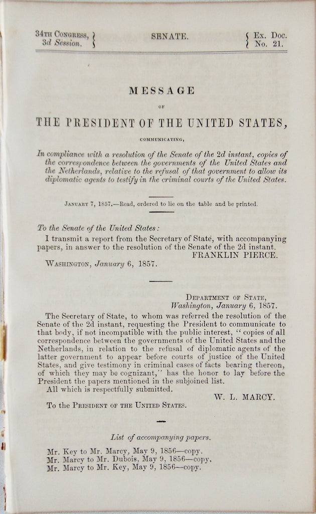 1857 Murder in Washington, DC, Diplomatic Controversy between USA & Netherlands