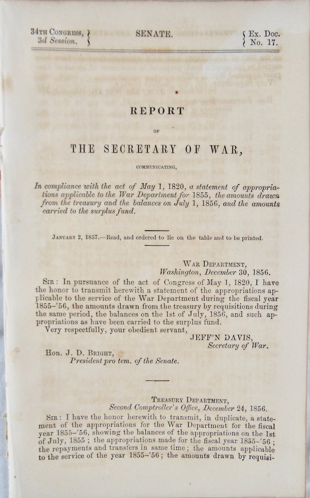 1856 Jefferson Davis, US Secretary of War, Record of Payments