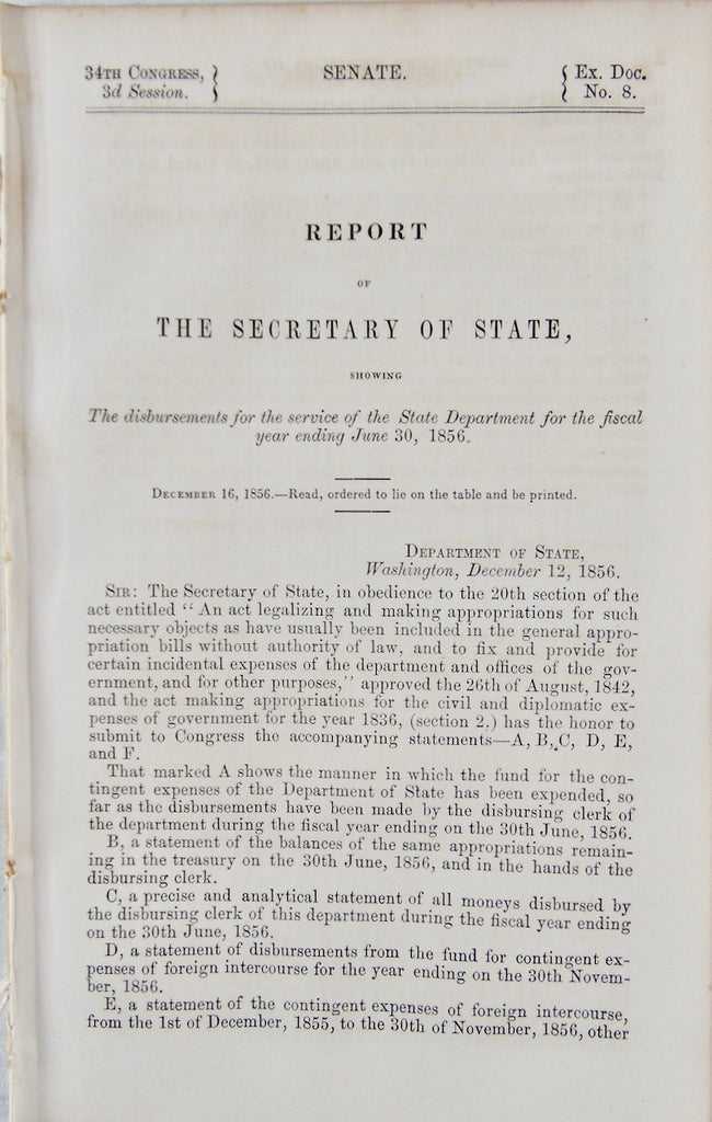 1856 US Secretary of State Report of Disbursements