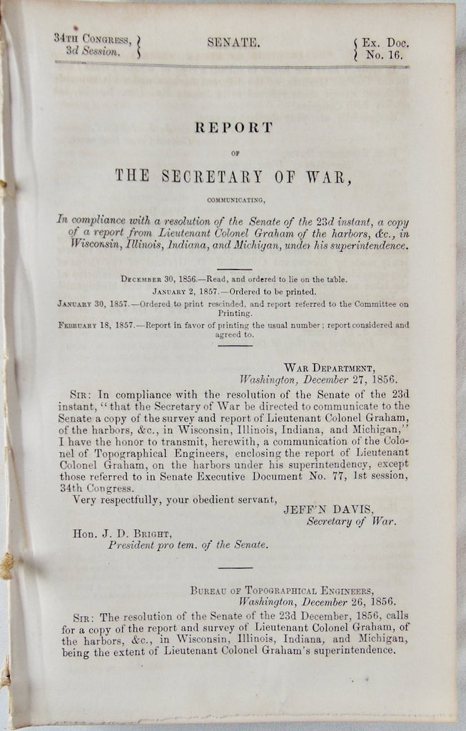 Large 1857 Report on the Harbors of Wisconsin, Illinois, Indiana, and Michigan