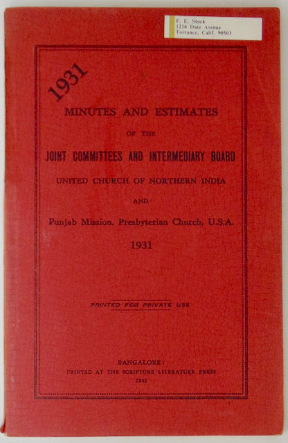 Minutes and Estimates of the Joint Committees and Intermediary Board, United Church of Northern India and Punjab Mission, Presbyterian Church, U.S.A., 1931