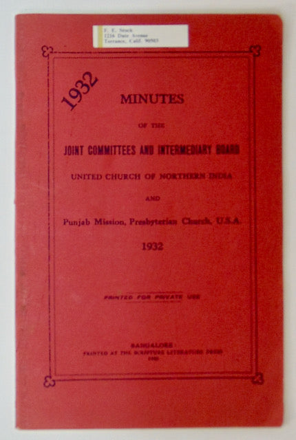 Minutes and Estimates of the Joint Committees and Intermediary Board, United Church of Northern India and Punjab Mission, Presbyterian Church, U.S.A., 1932