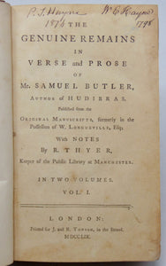 Butler, Samuel. The Genuine Remains in Verse and Prose of Mr. Samuel Butler, Author of Hudibras (2 volume set)