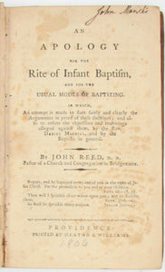 Reed, John. An Apology for the Rite of Infant Baptism, and for the usual Modes of Baptizing