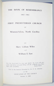 The Book of Remembrance 1862-1962: First Presbyterian Church of Winston-Salem, North Carolina