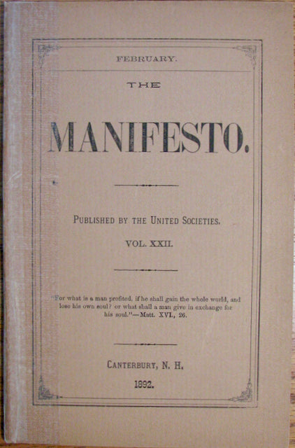 Blinn, C. Henry. The Manifesto. Vol. XXII. February, 1892 [Shaker]